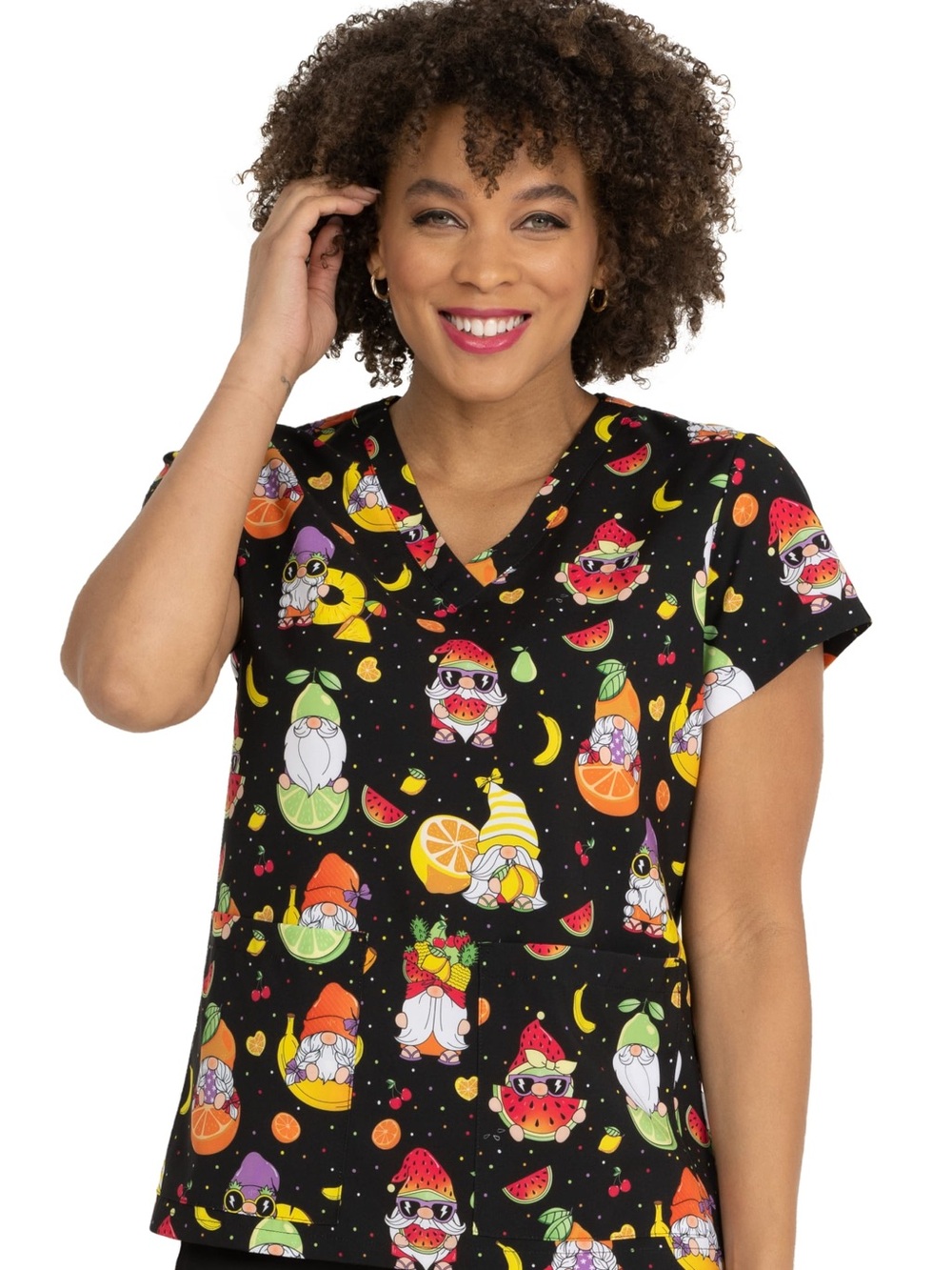 Women's Black Fruit Gnome Print V-Neck Scrub Top